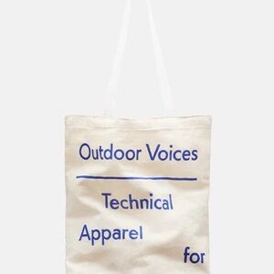 Outdoor Voices Signature Cream Tote with Blue Lettering